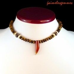 Collier ethnique oeil de tigre et cornaline