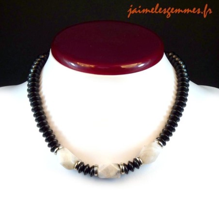 Collier jaspe gris et onyx