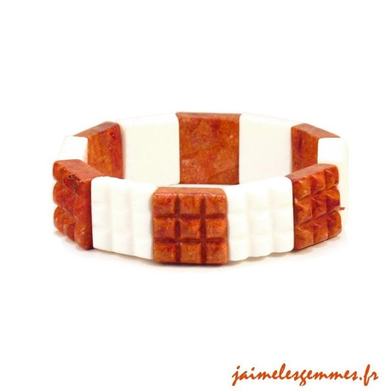 Bracelet damier en corail rouge et blanc