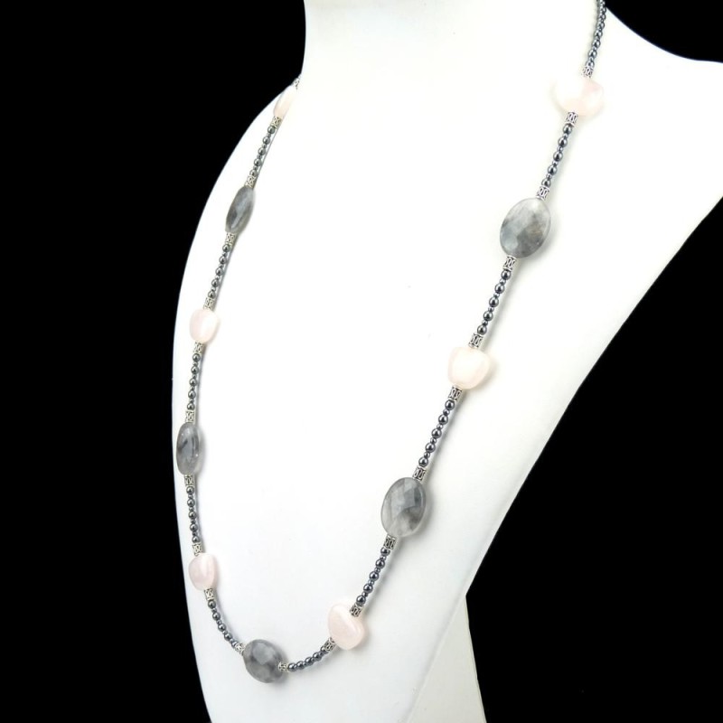 Collier long hématite pétalite quartz gris